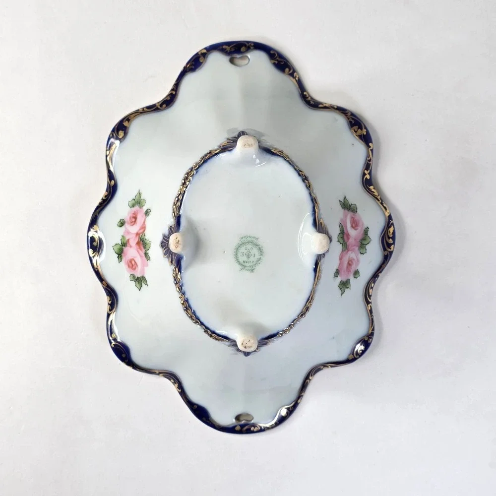 Antique Nippon IE&C Co Hand Painted 4-Footed Porcelain Bowl Cobalt Pink Roses 9